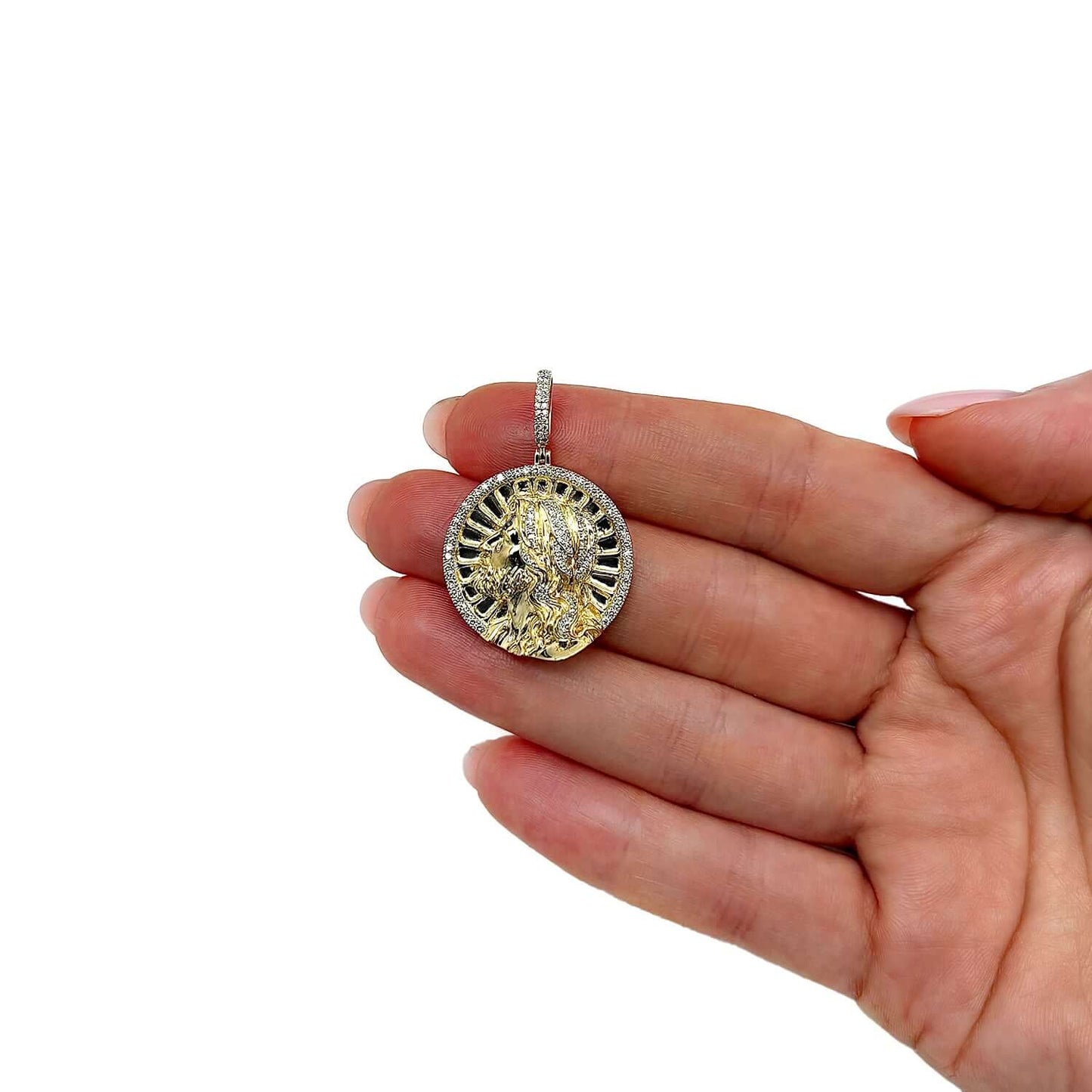 .50CTW Real Diamond 10K Yellow Gold Round Jesus Portrait Diamond Pendant 1.5"