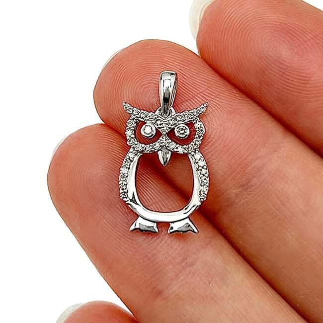 0.16CTW Real Diamond 10K Gold Yellow White Owl Pendant 0.84"