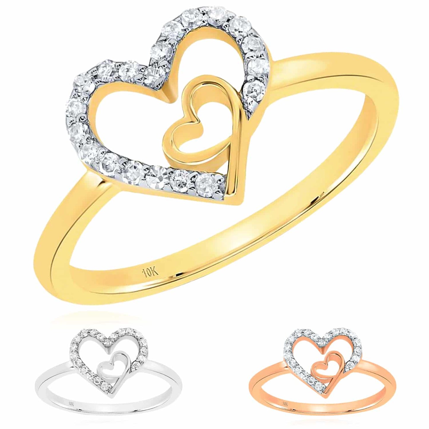 0.12CTW Real Diamond 10K Gold Yellow White Rose Double Heart Cocktail Ring