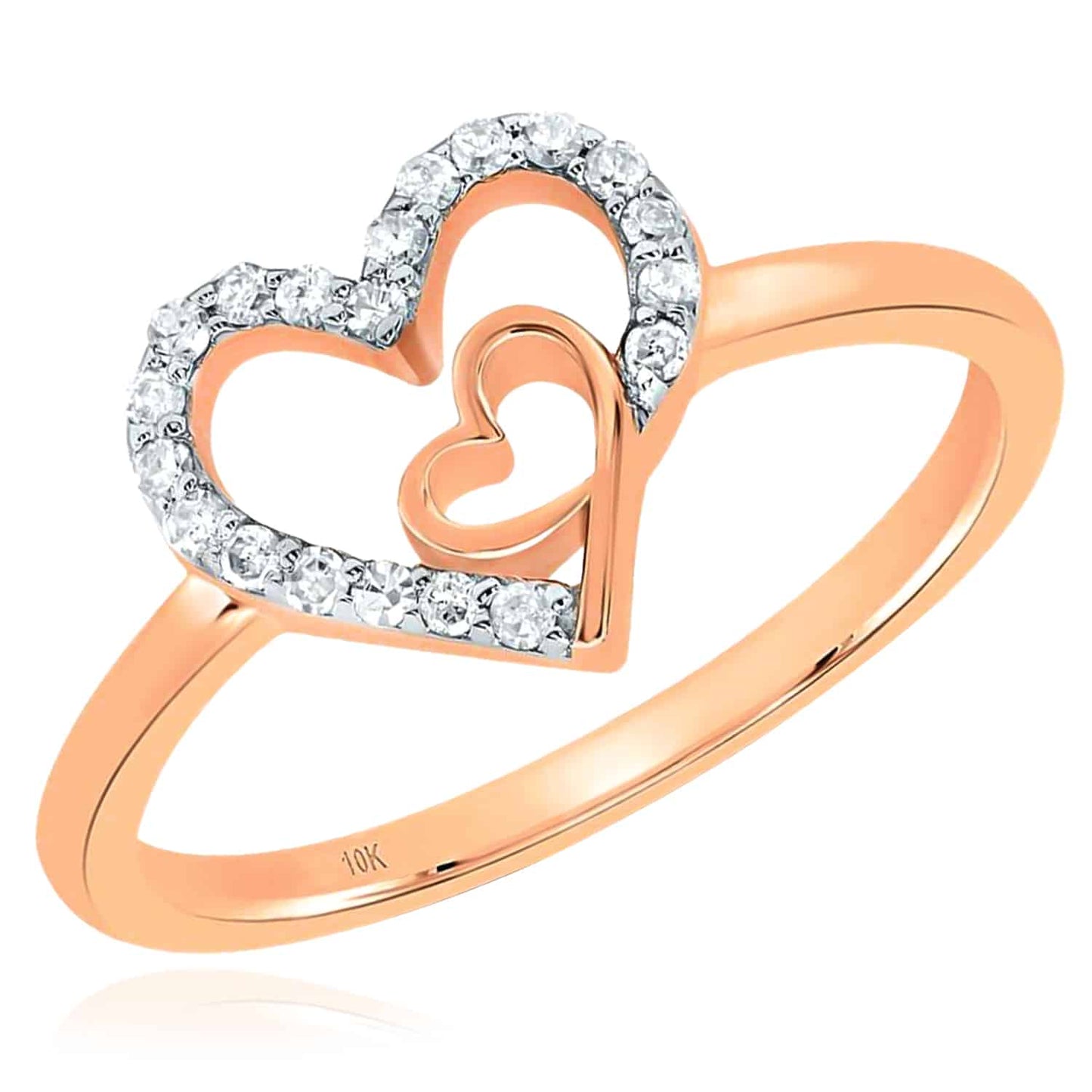 0.12CTW Real Diamond 10K Gold Yellow White Rose Double Heart Cocktail Ring