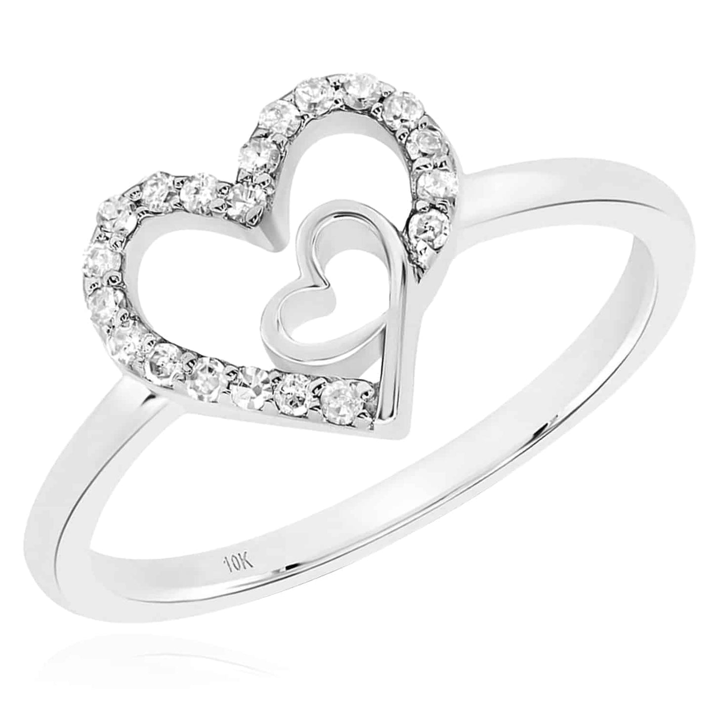 0.12CTW Real Diamond 10K Gold Yellow White Rose Double Heart Cocktail Ring
