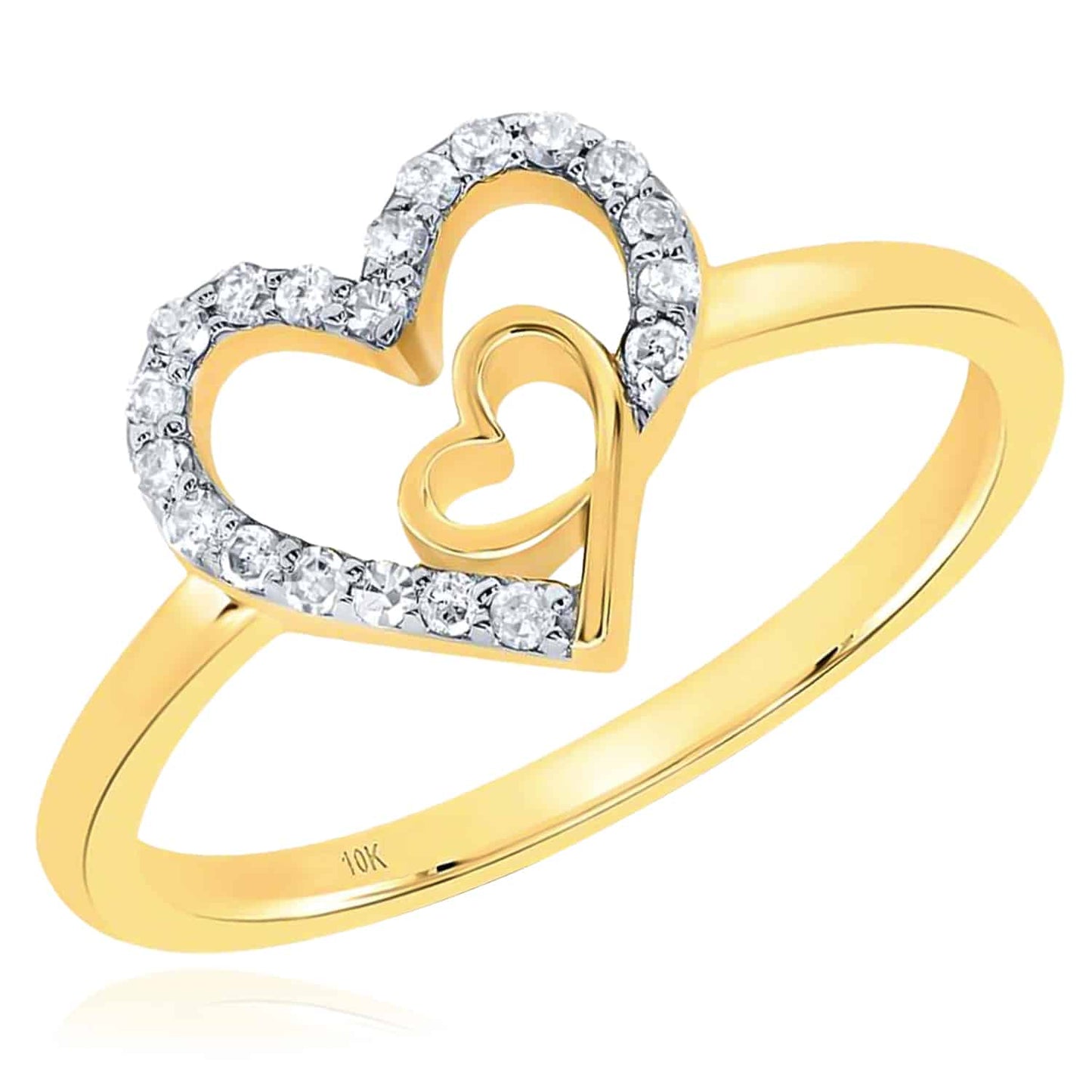 0.12CTW Real Diamond 10K Gold Yellow White Rose Double Heart Cocktail Ring