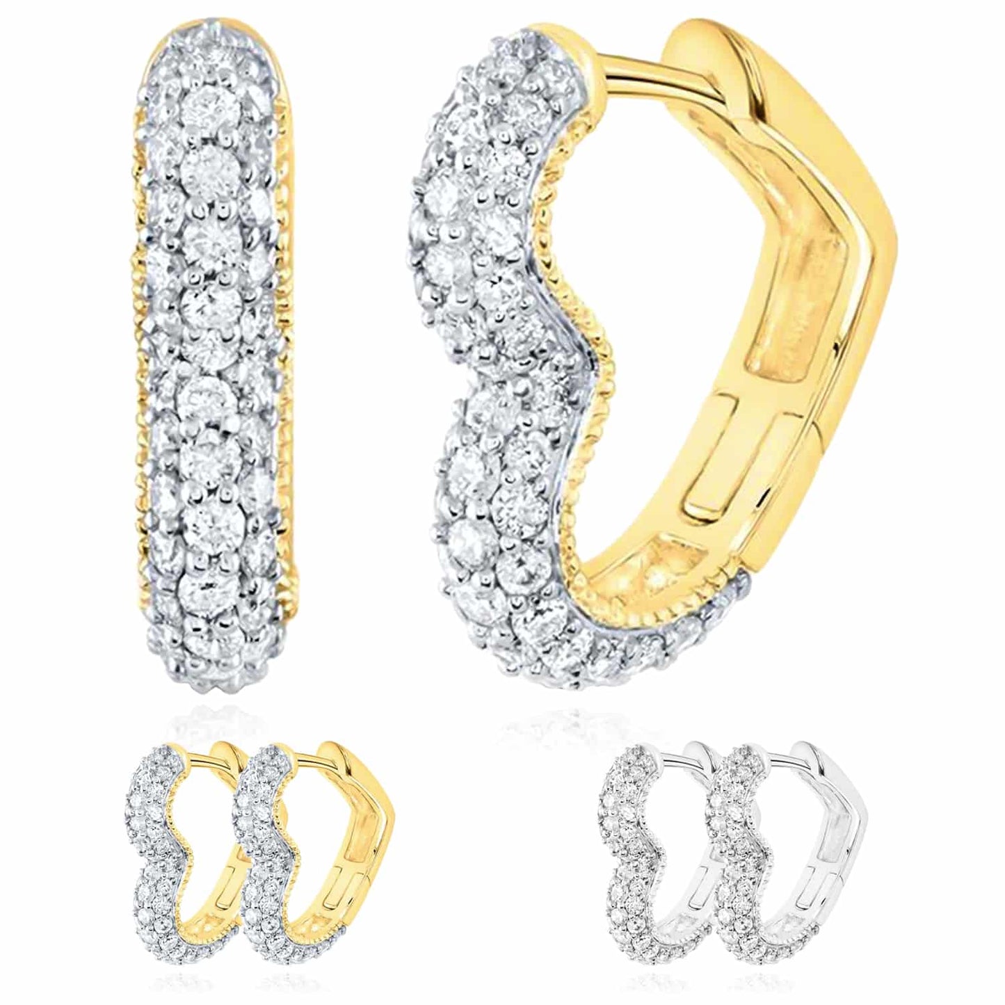 0.75CTW Real Diamond 14K Real Gold Yellow White Heart Huggie Hoop Earrings 16mm