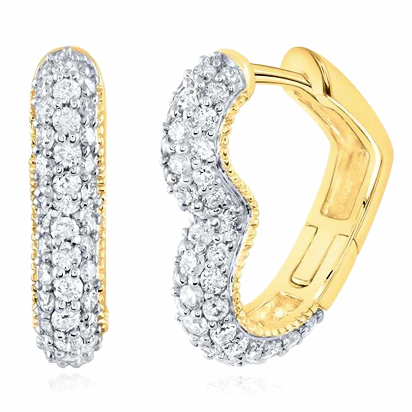 0.75CTW Real Diamond 14K Real Gold Yellow White Heart Huggie Hoop Earrings 16mm