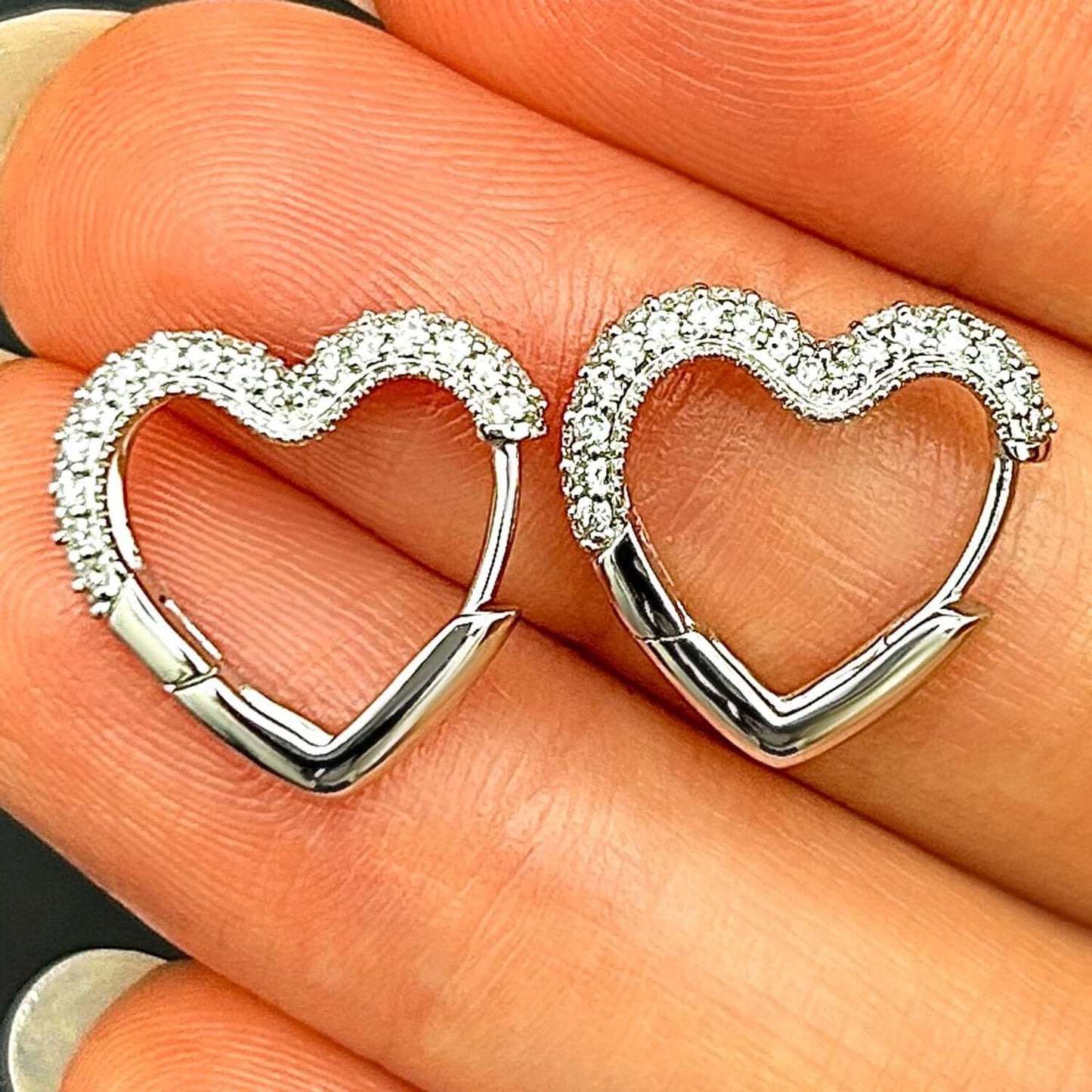 0.75CTW Real Diamond 14K Real Gold Yellow White Heart Huggie Hoop Earrings 16mm