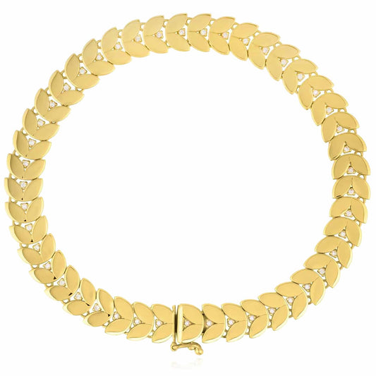 0.12CTW Natural Diamond 14K Yellow Gold 7.5mm Laurel Leaf Chevron Bracelet (Solid Links) 7.5"