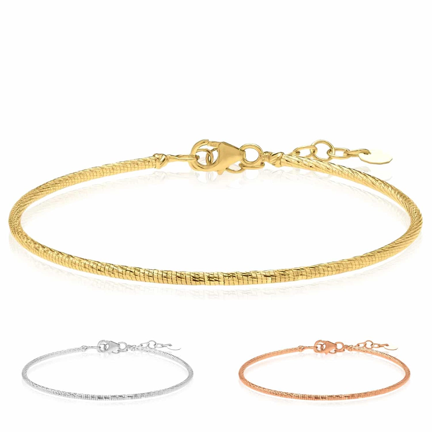 Solid 14K Real Gold Yellow White Rose Diamond-Cut Bangle Stack Bracelet 7"-8.25" Adju