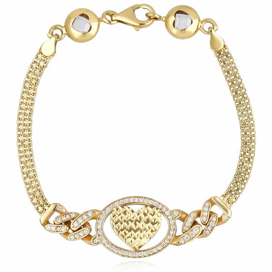 0.70CTW CZ 14K Yellow Gold Cuban Bismark Heart Bracelet (Hollow) 7.25"