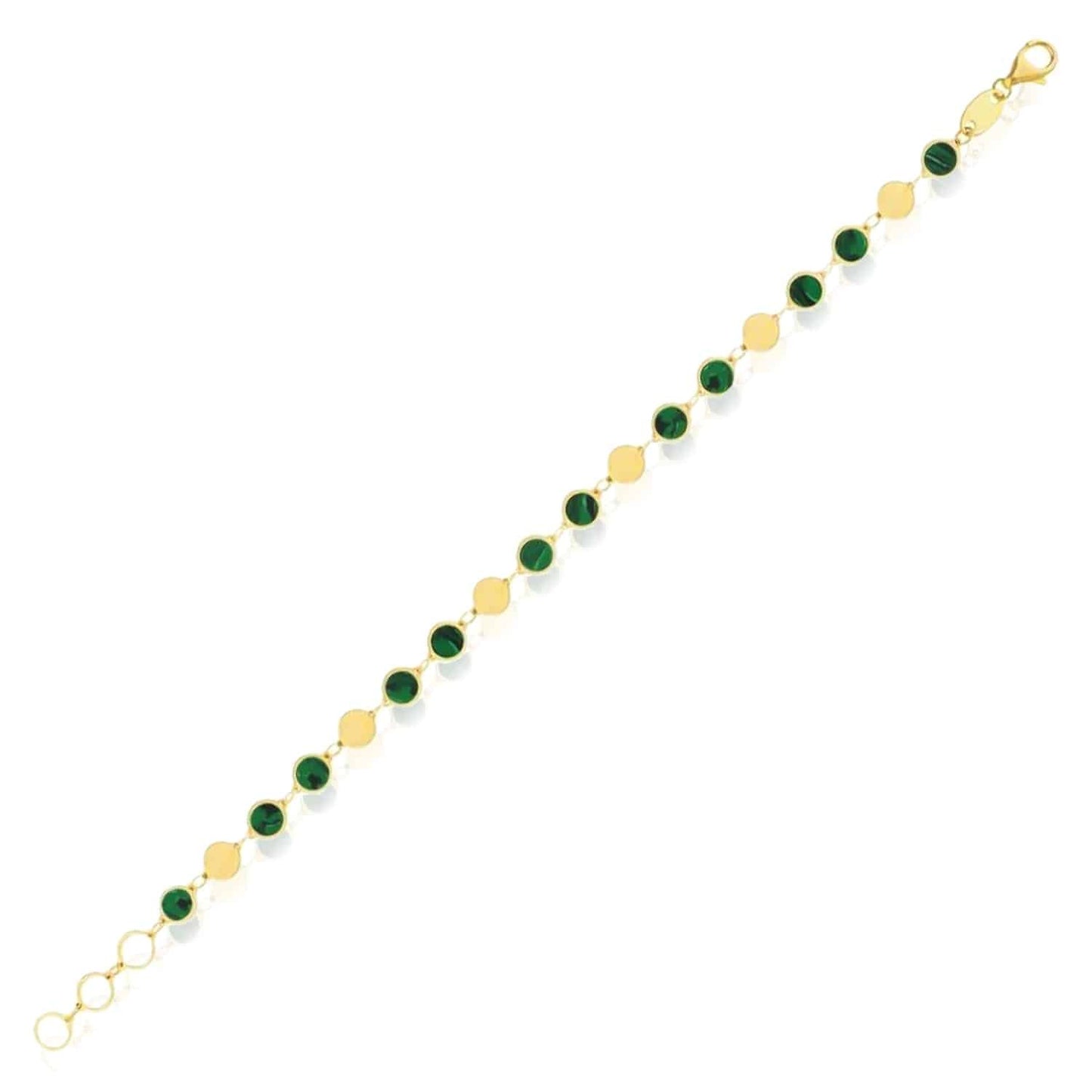 14K Real Gold Yellow Round Black Onyx Malachite Turquoise Bracelet 7.25"-8" Adjust...