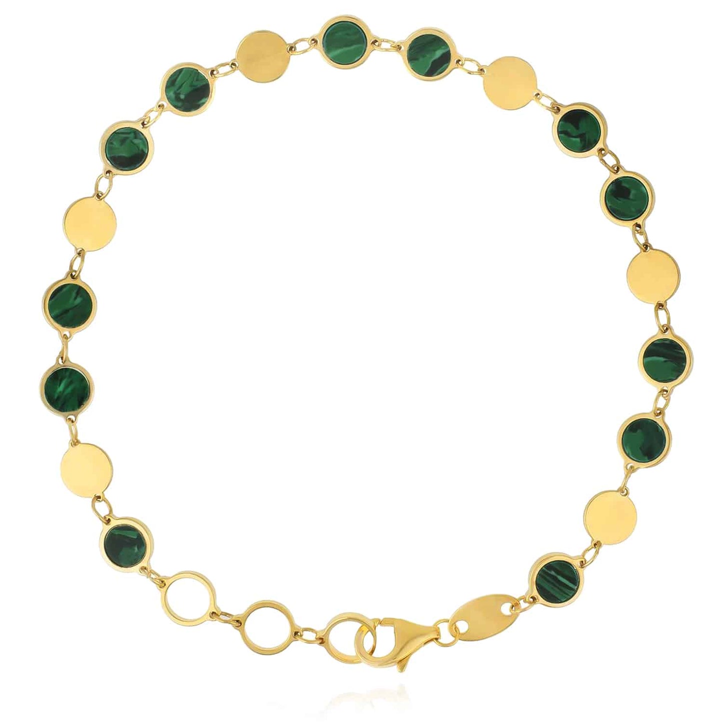 14K Real Gold Yellow Round Black Onyx Malachite Turquoise Bracelet 7.25"-8" Adjust...