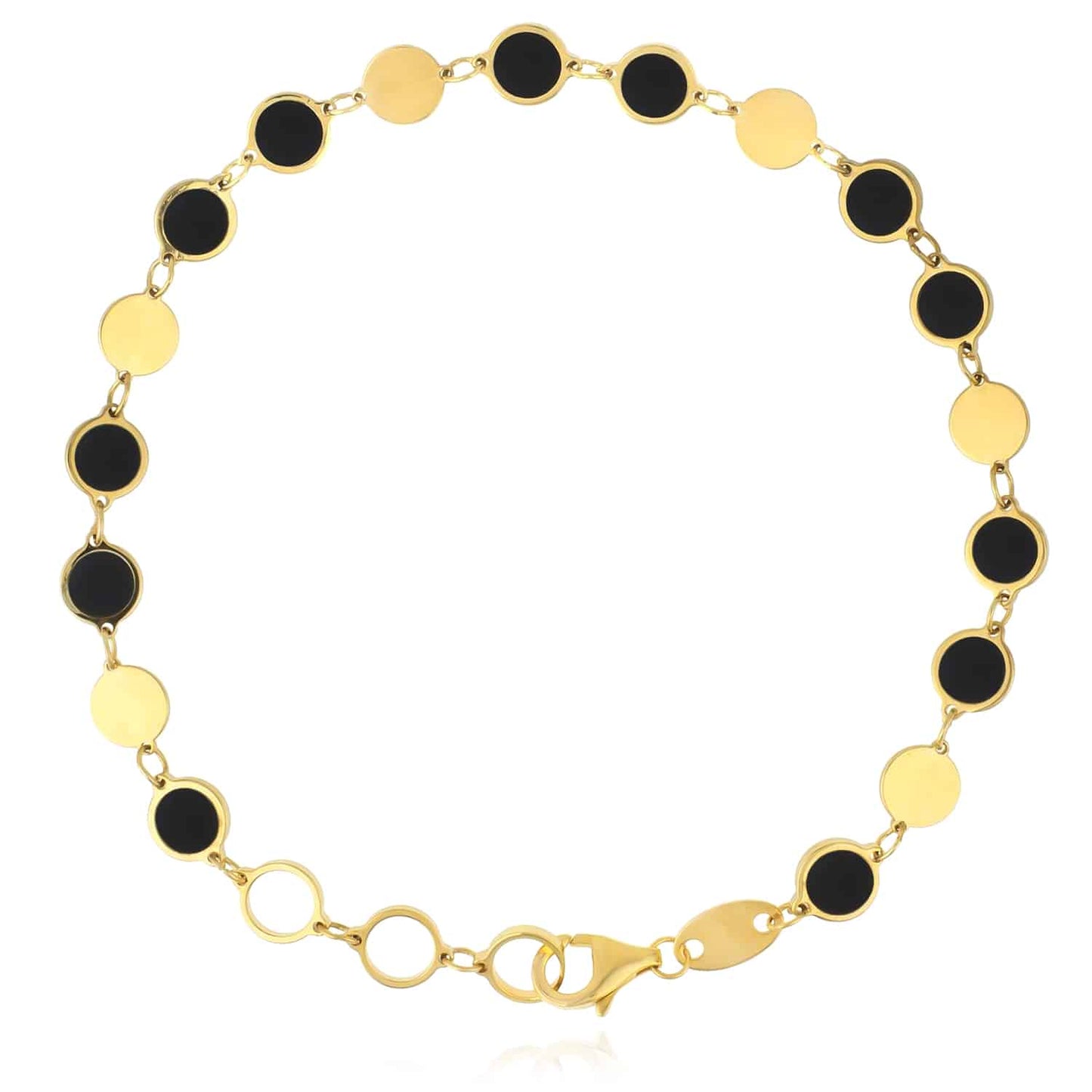 14K Real Gold Yellow Round Black Onyx Malachite Turquoise Bracelet 7.25"-8" Adjust...