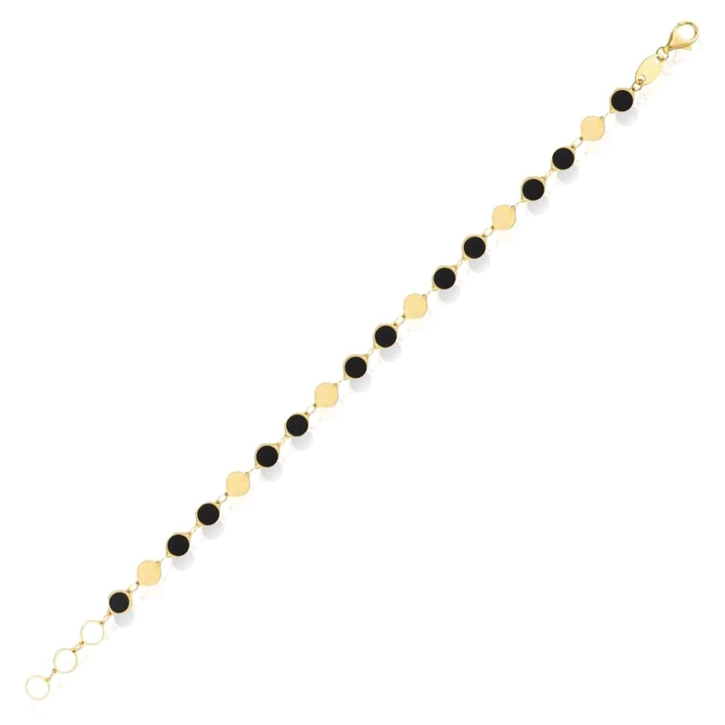 14K Real Gold Yellow Round Black Onyx Malachite Turquoise Bracelet 7.25"-8" Adjust...