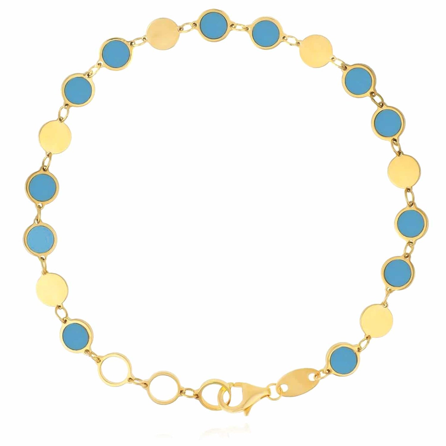 14K Real Gold Yellow Round Black Onyx Malachite Turquoise Bracelet 7.25"-8" Adjust...