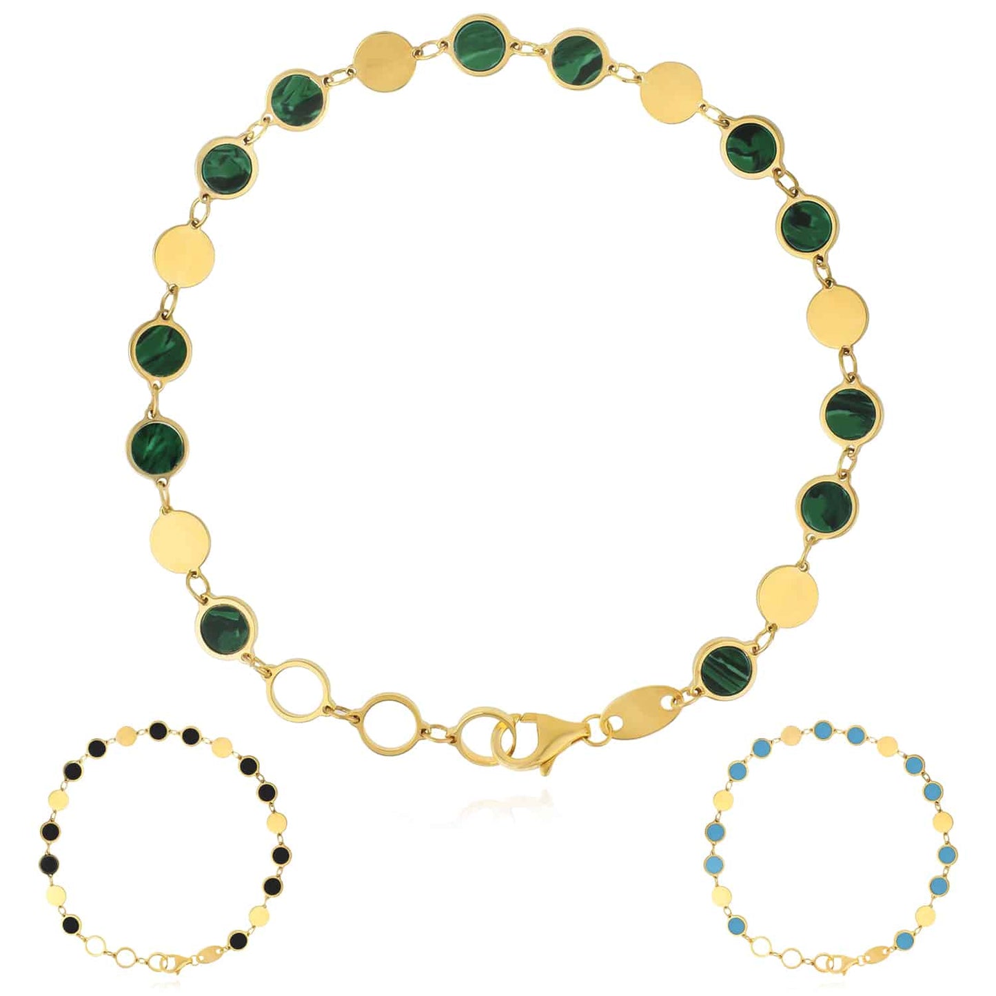14K Real Gold Yellow Round Black Onyx Malachite Turquoise Bracelet 7.25"-8" Adjust...