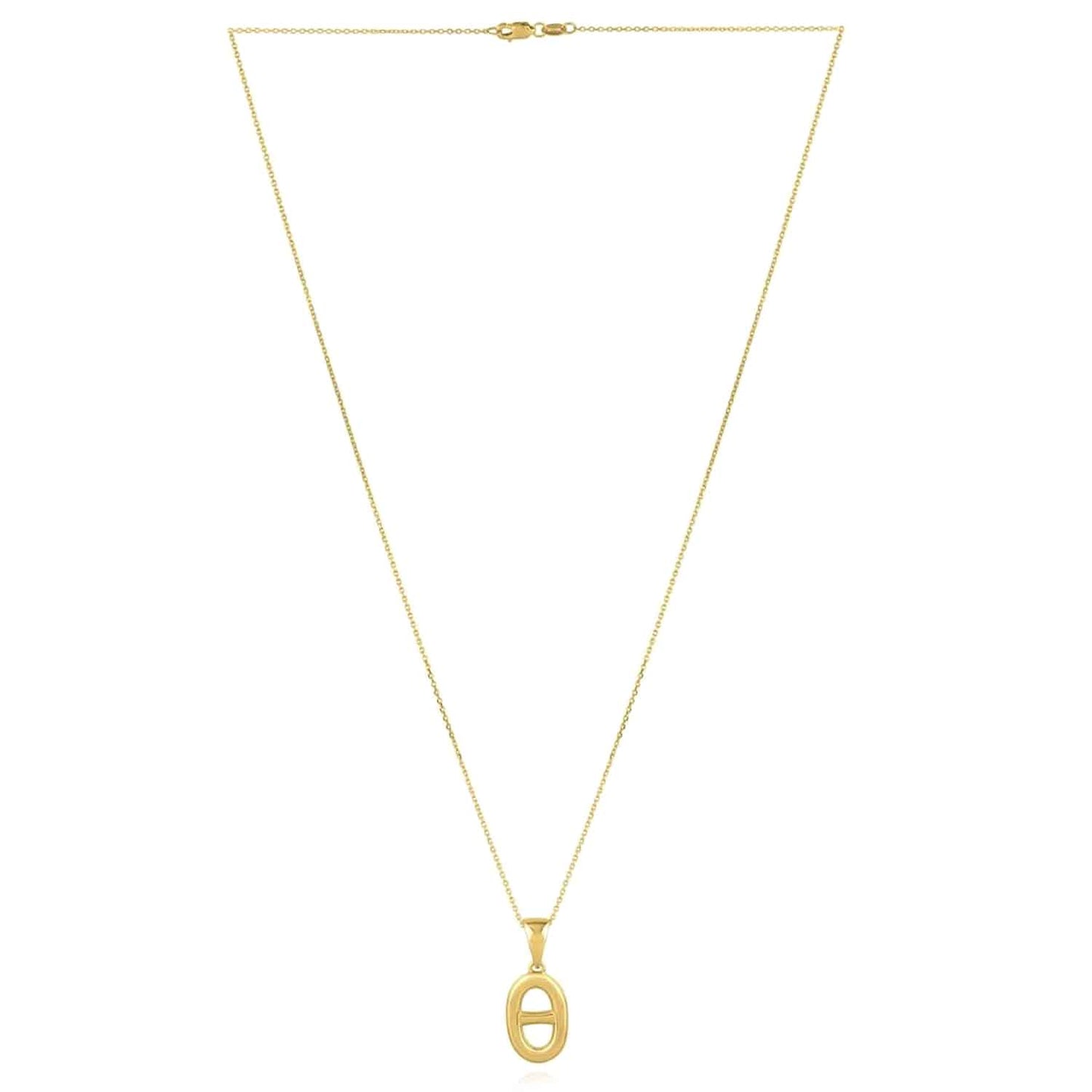 14K Real Gold Oval Puff Mariner Pendant Cable Necklace 18"