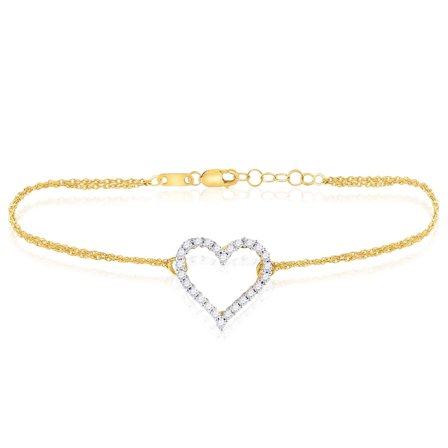 0.12CTW Real Diamond 10K Gold Yellow Cable Heart Bracelet 7"-7.5" Adjustable