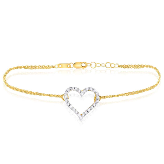 0.12CTW Natural Diamond 10K Yellow Gold Cable Heart Bracelet (Solid Links) 7"-7.5" Adjustable