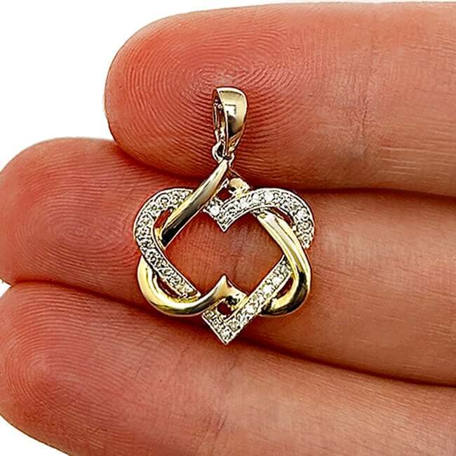 0.16CTW Real Diamond 10K Gold Yellow White Rose Interlocked Heart Pendant