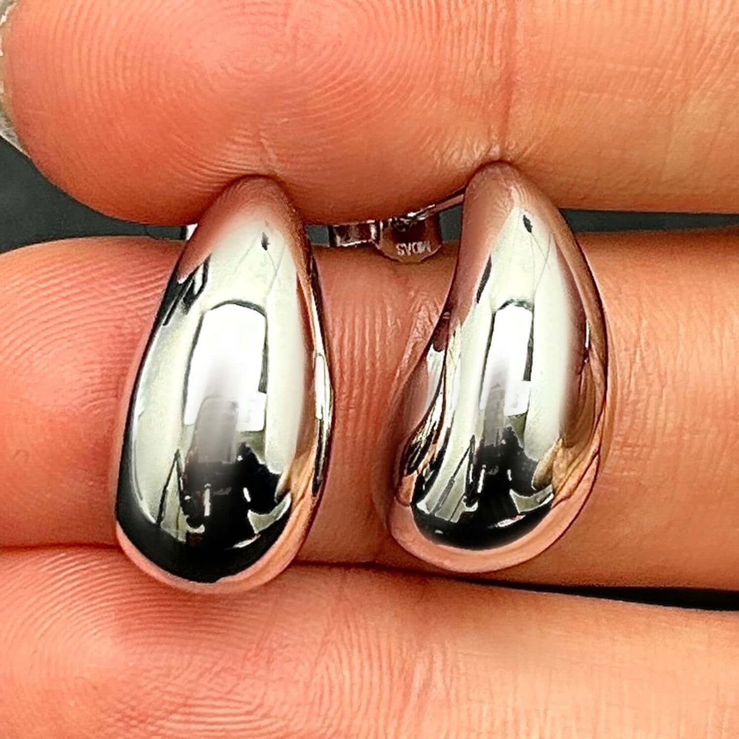 14K Real Gold Yellow White Modern Teardrop Dome Sculptural Push Back Earrings