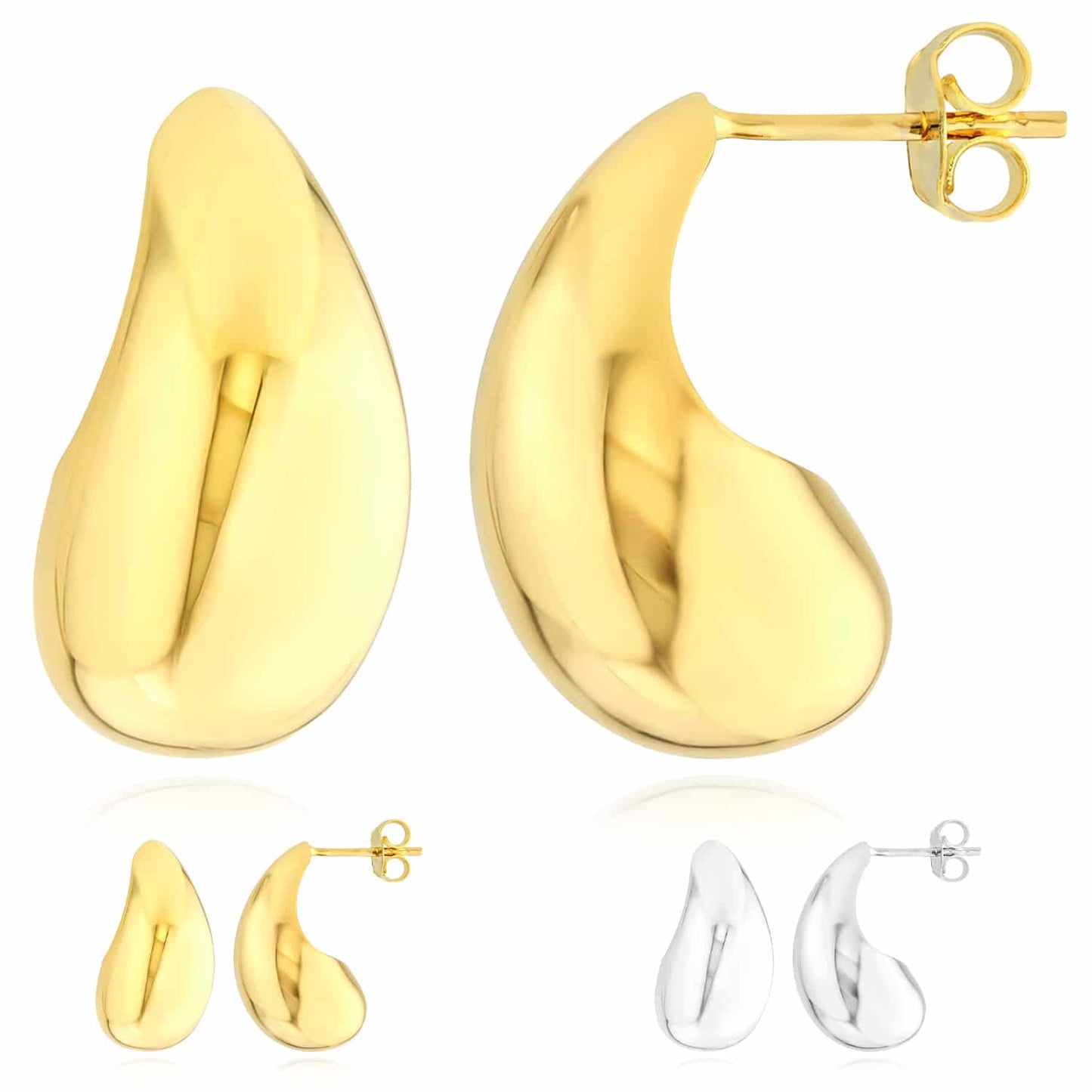 14K Real Gold Yellow White Modern Teardrop Dome Sculptural Push Back Earrings