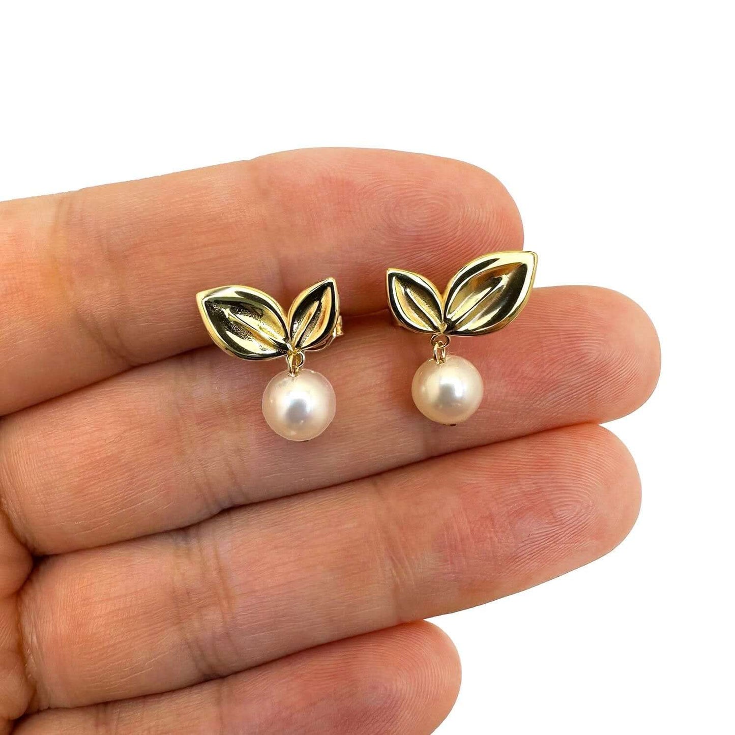 14K Gold Leaf & Cultured Real Pearl Drop Earrings 16mm
