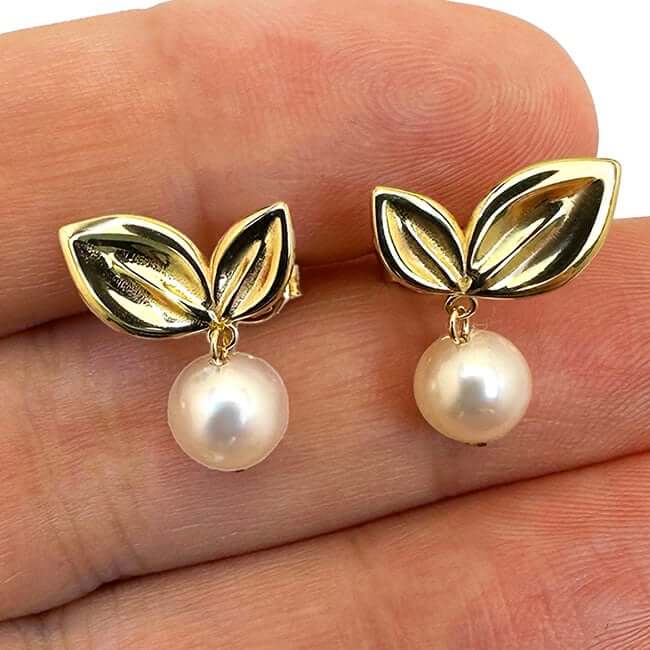 14K Gold Leaf & Cultured Real Pearl Drop Earrings 16mm