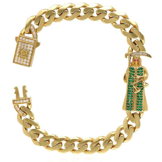 14K Yellow Gold CZ Santa Muerte Miami Cuban Bracelet (Solid Links) 8"