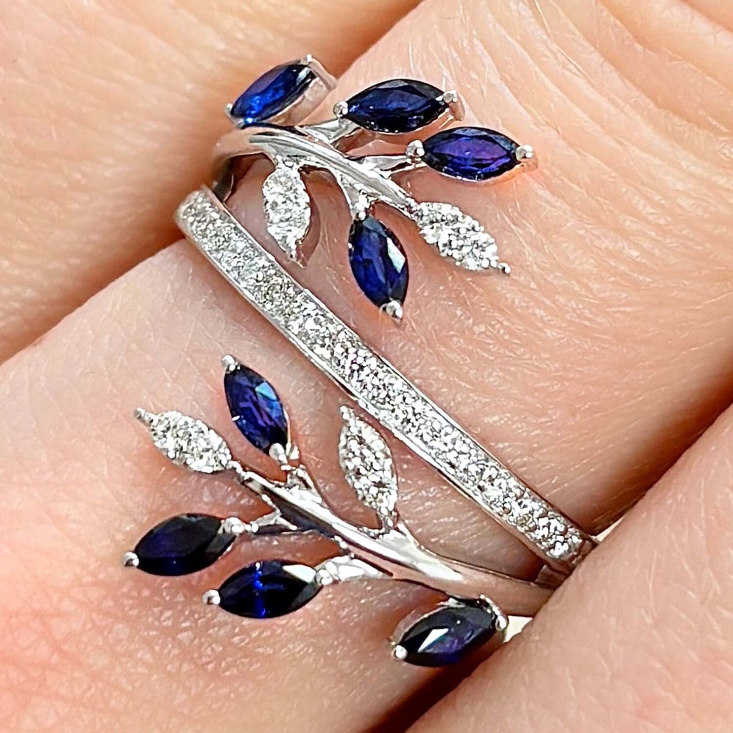 1.12CTW Real Diamonds & Blue Sapphire 14K White Gold Cocktail Ring