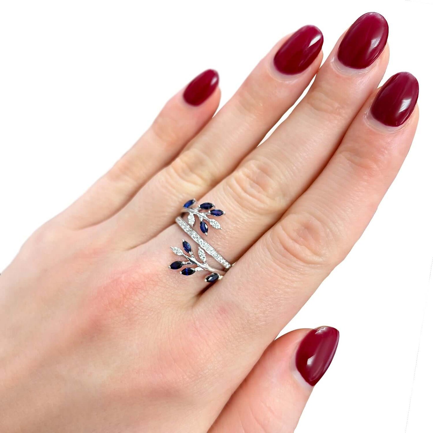 1.12CTW Real Diamonds & Blue Sapphire 14K White Gold Cocktail Ring