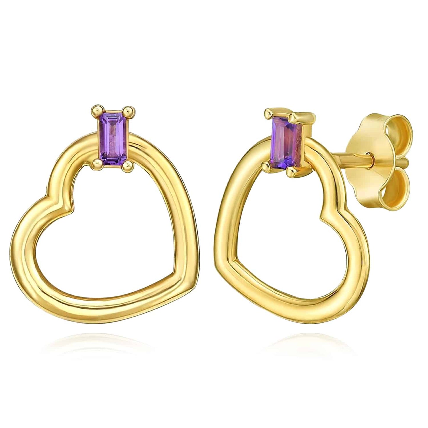 14K Real Gold 0.13CTW Real Amethyst Baguette Heart Stud Earrings 10.5mm