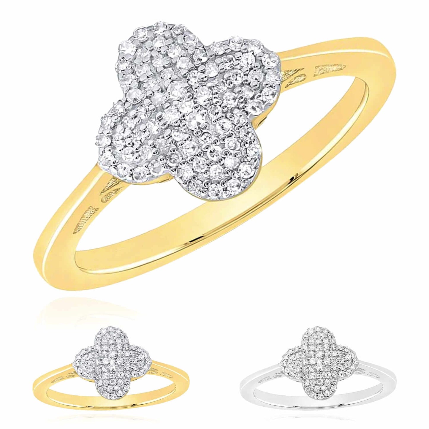 0.20CTW Real Diamond 10K Gold Yellow White Clover Cocktail Ring