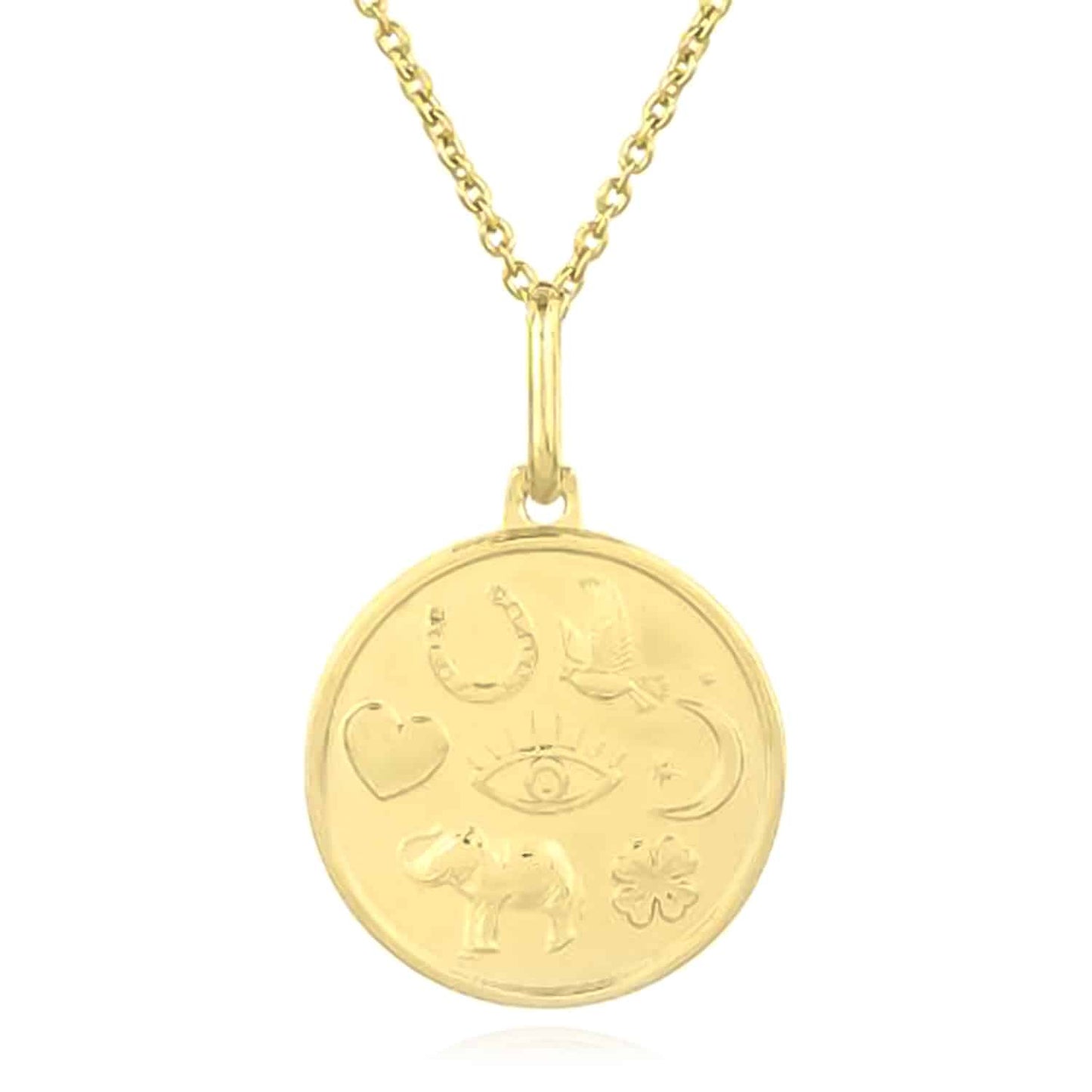 14K Real Gold 18" Cable Chain Necklace with Satin Finish Lucky Charm Pendant