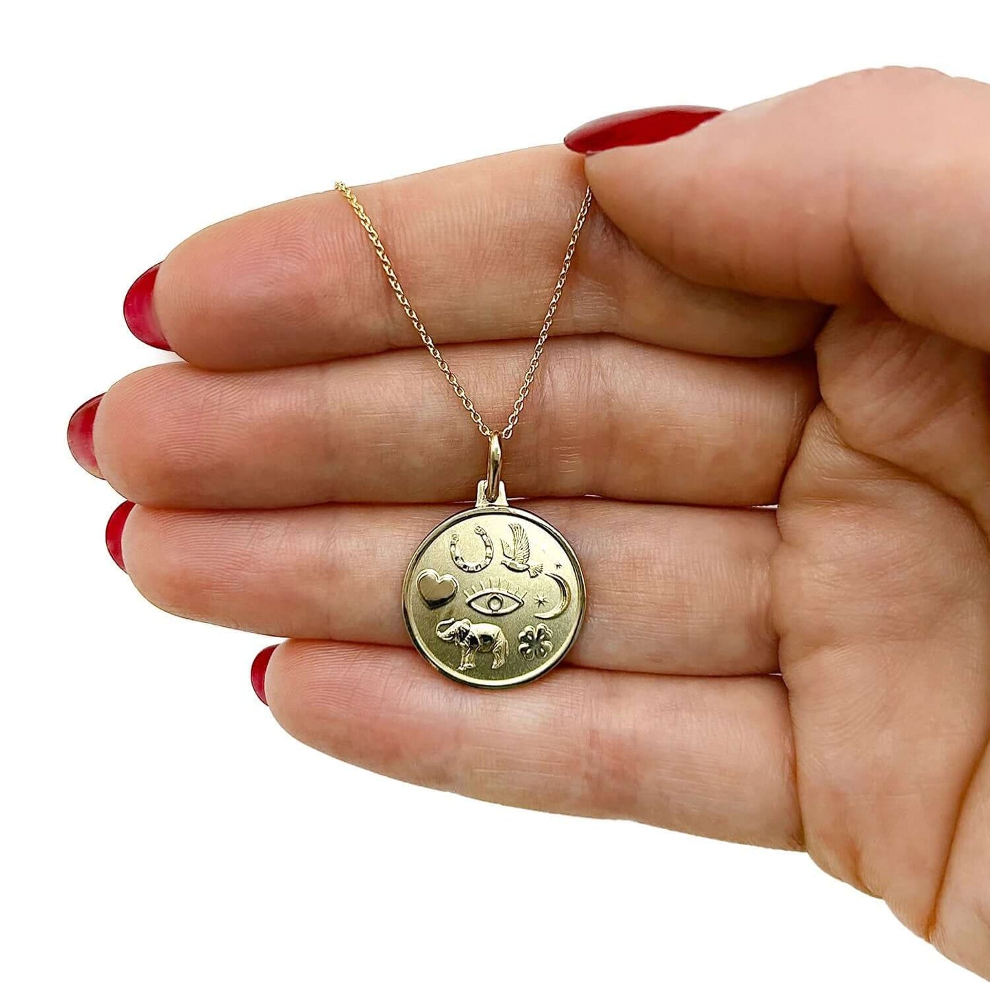 14K Real Gold 18" Cable Chain Necklace with Satin Finish Lucky Charm Pendant