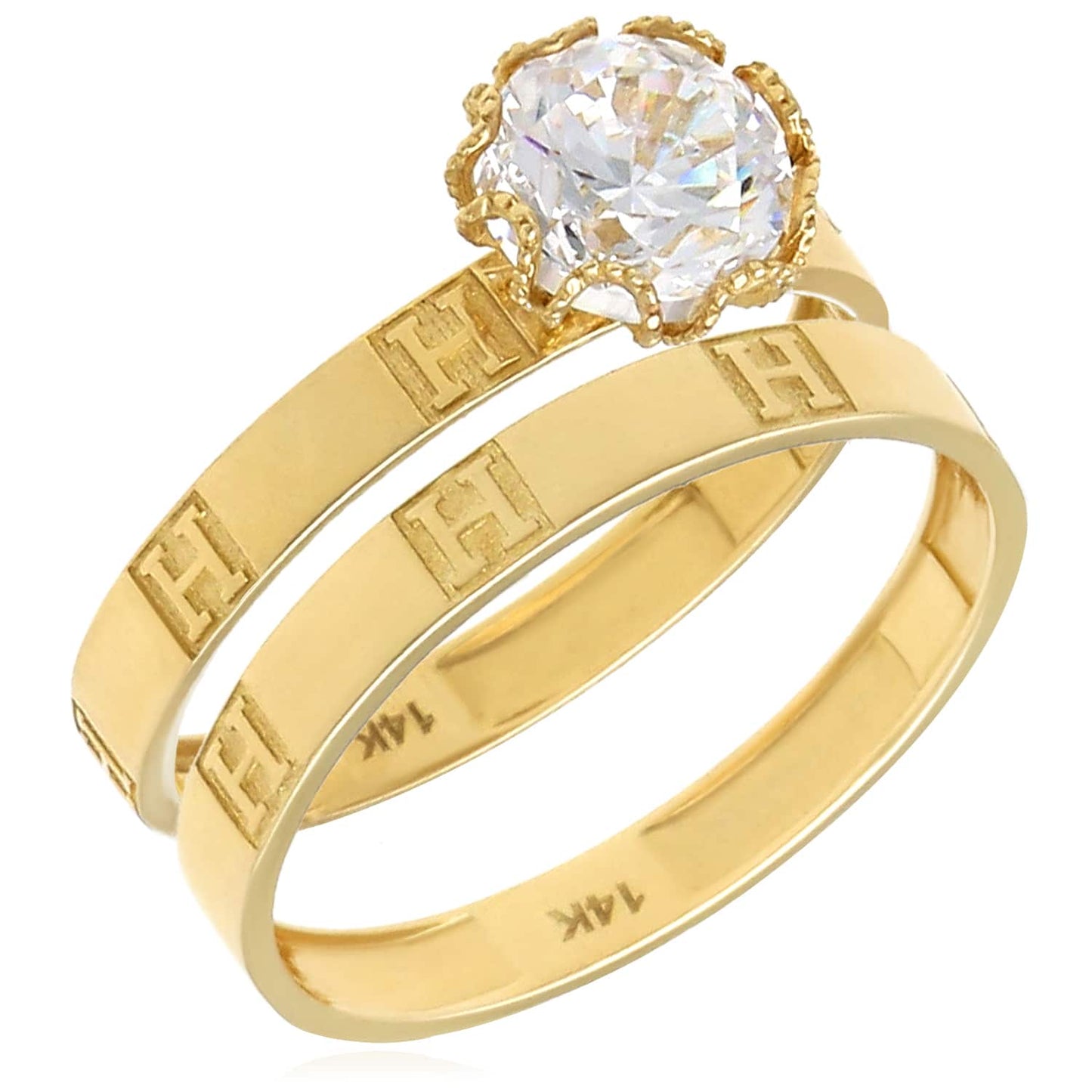 1CT CZ His Her 14K Real Gold Yellow H Pattern Engagement Wedding Rings
