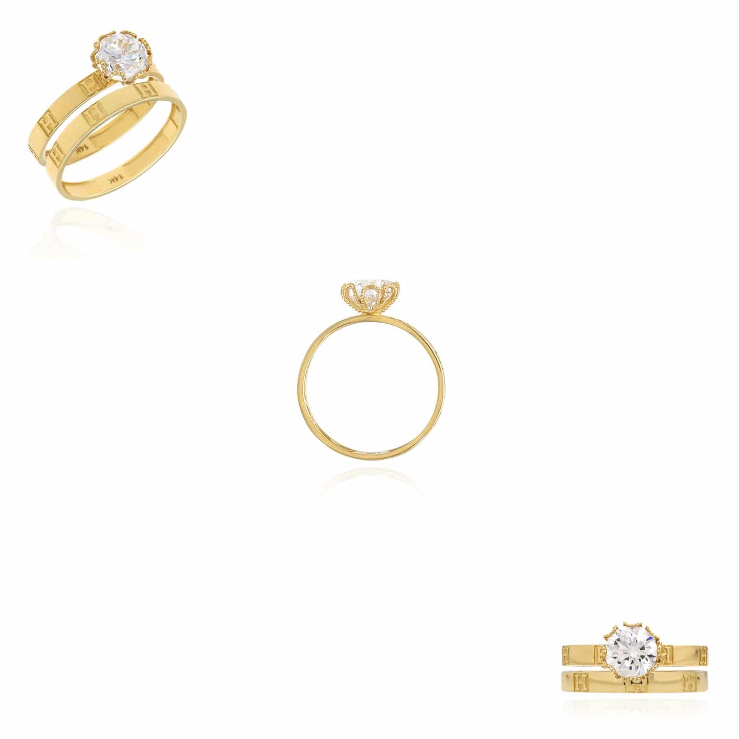 1CT CZ His Her 14K Real Gold Yellow H Pattern Engagement Wedding Rings