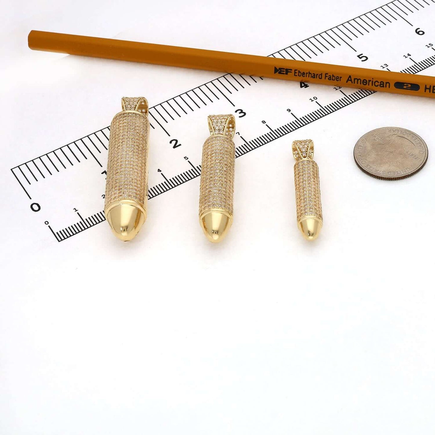 14K Real Gold Bullet-Shaped CZ Pendant 1.7" 2.2" 2.6"