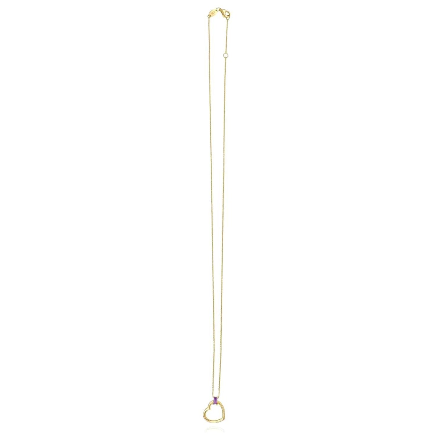 14K Real Gold Baguette Amethyst Heart Pendant Necklace 16-18" Adjustable