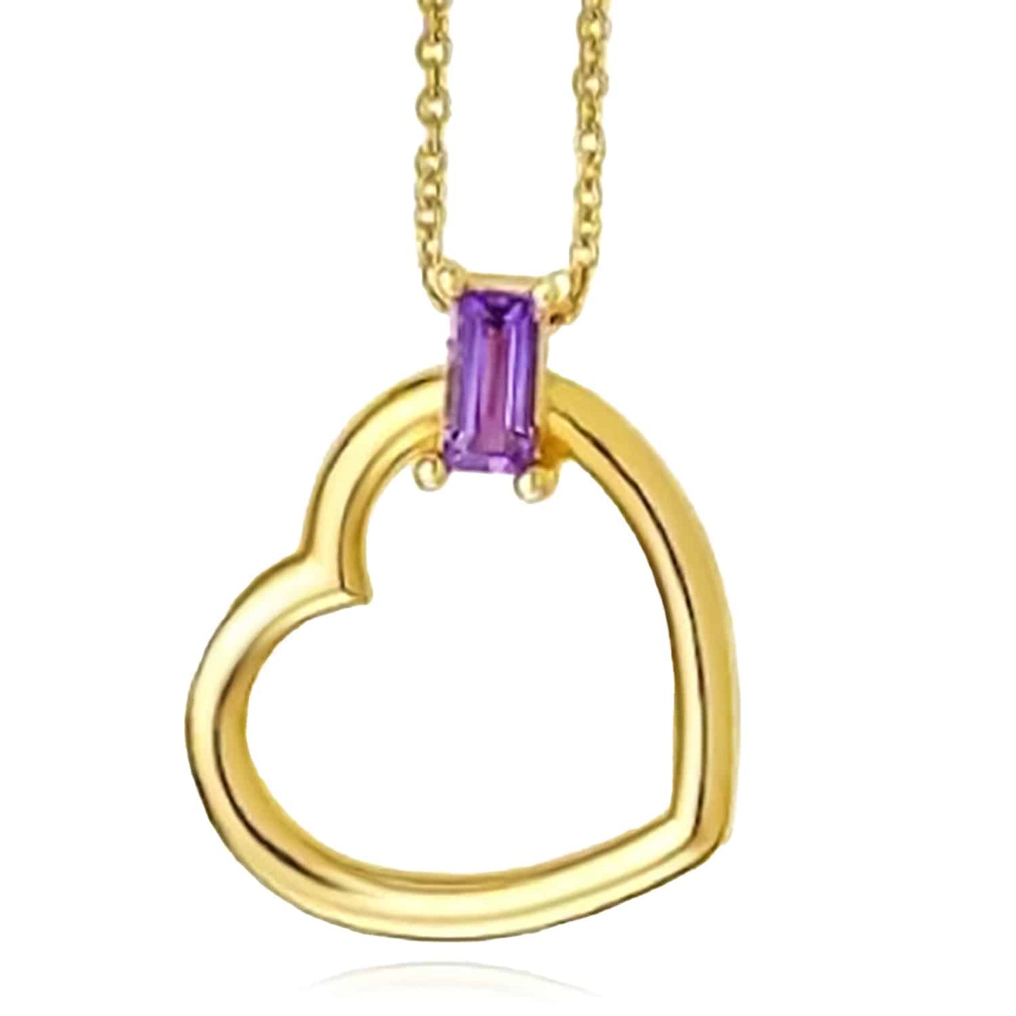 14K Real Gold Baguette Amethyst Heart Pendant Necklace 16-18" Adjustable
