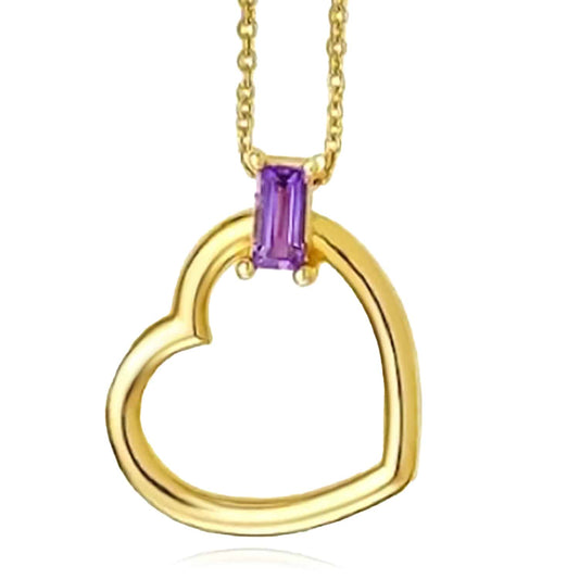 14K Yellow Gold Baguette Amethyst Heart Necklace (Solid Links) 16"-18" Adjustable