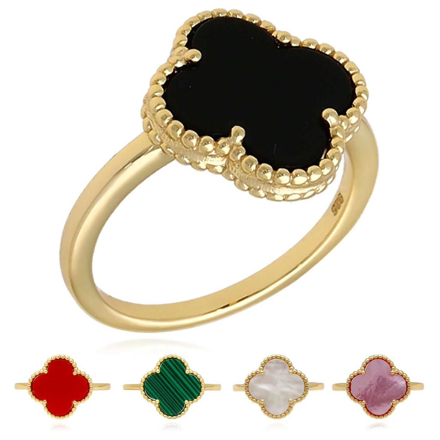 Gold Over Silver Pink, MOP, Black Onyx, White MOP, Malachite, Carnelian Clover Ring