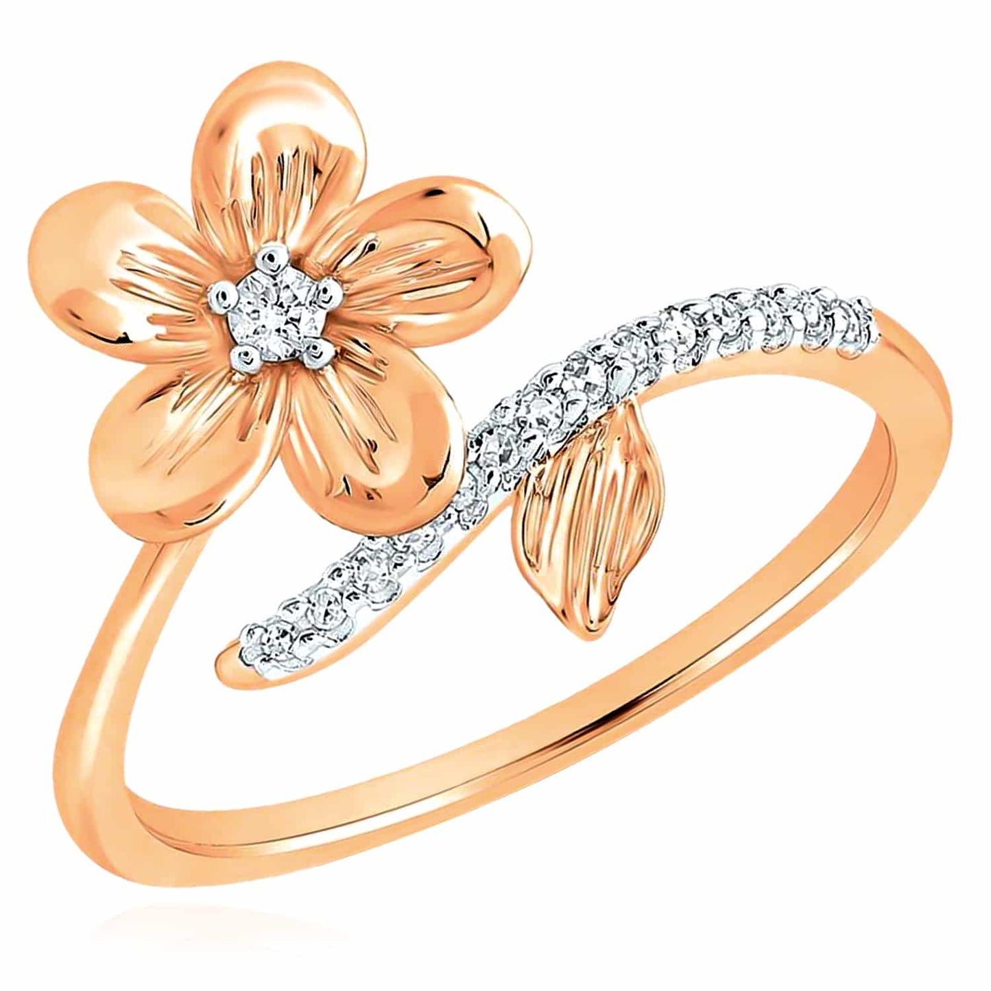 0.08CTW Real Diamond 10K Gold Yellow White Rose Flower Cocktail Ring