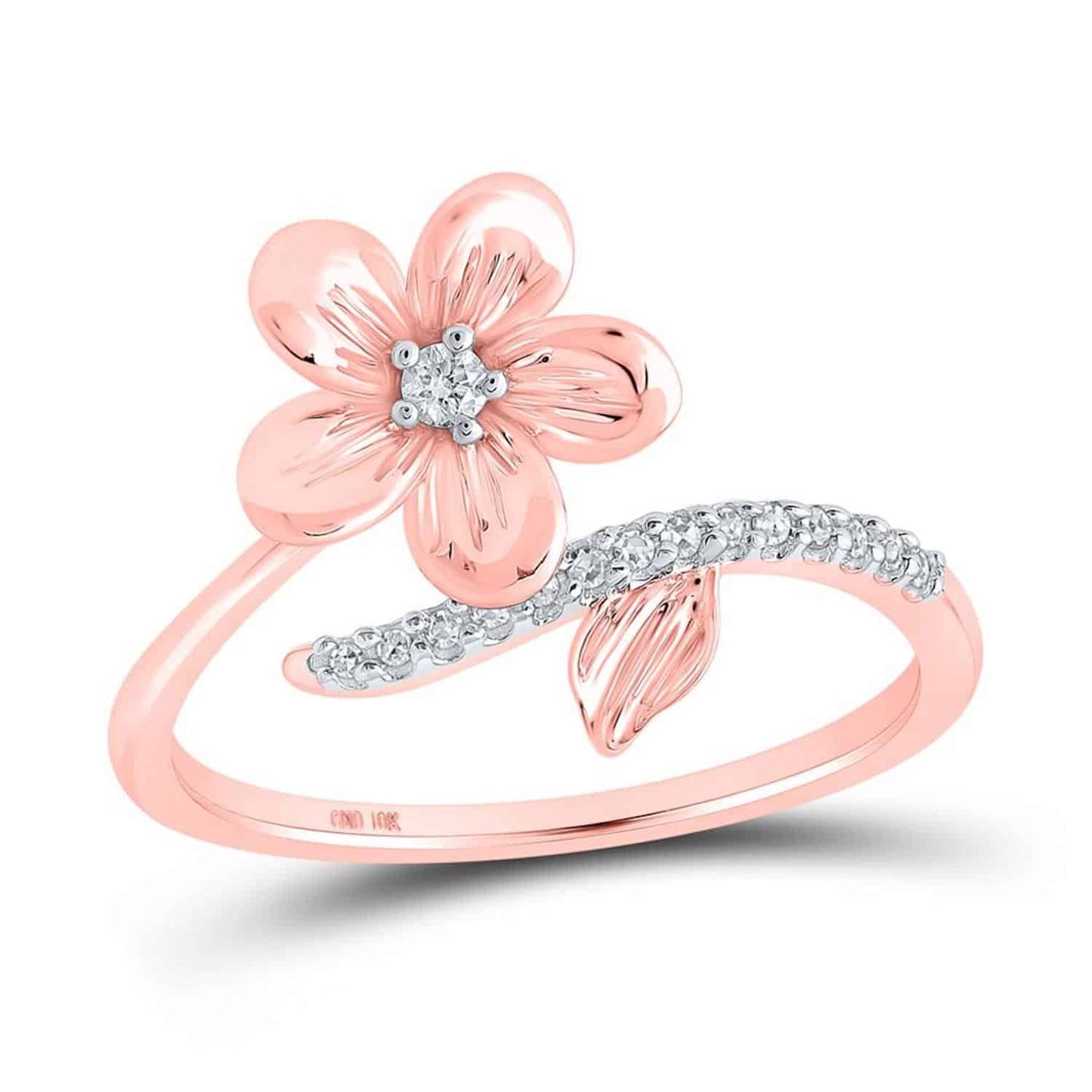 0.08CTW Real Diamond 10K Gold Yellow White Rose Flower Cocktail Ring