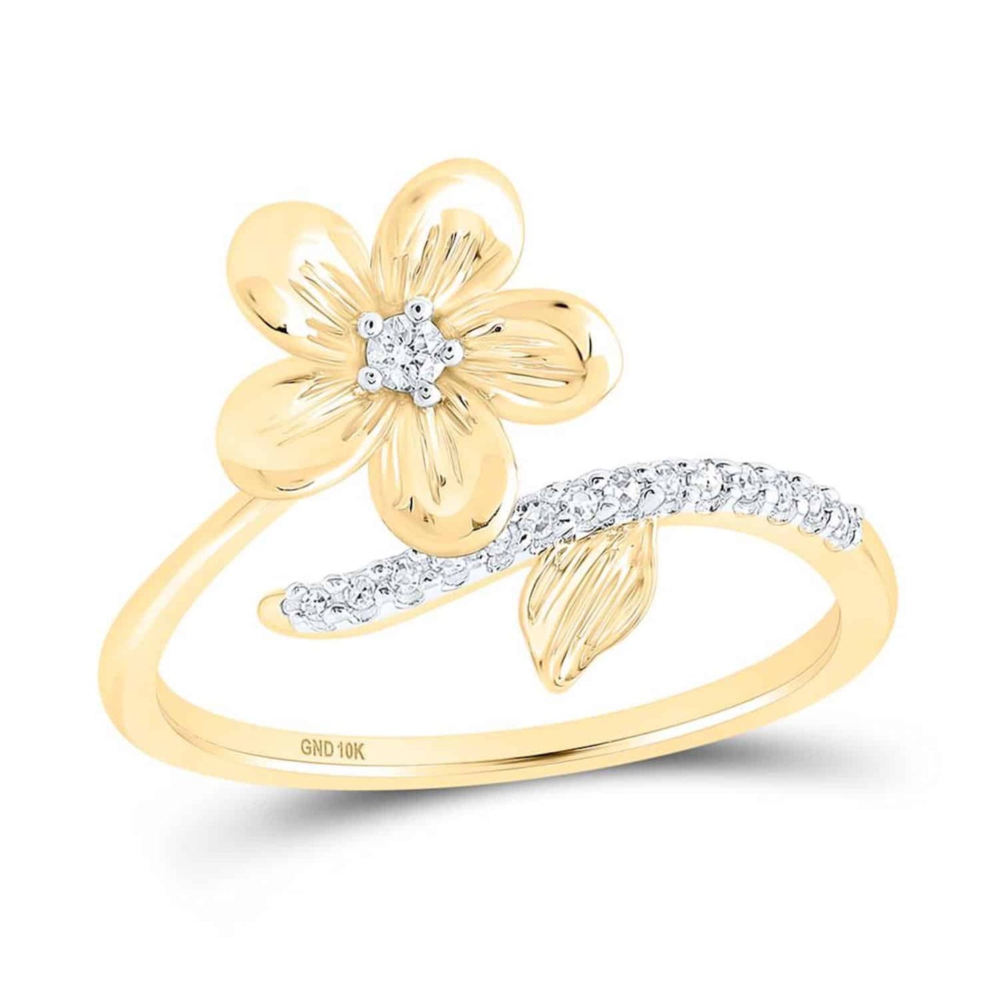 0.08CTW Real Diamond 10K Gold Yellow White Rose Flower Cocktail Ring