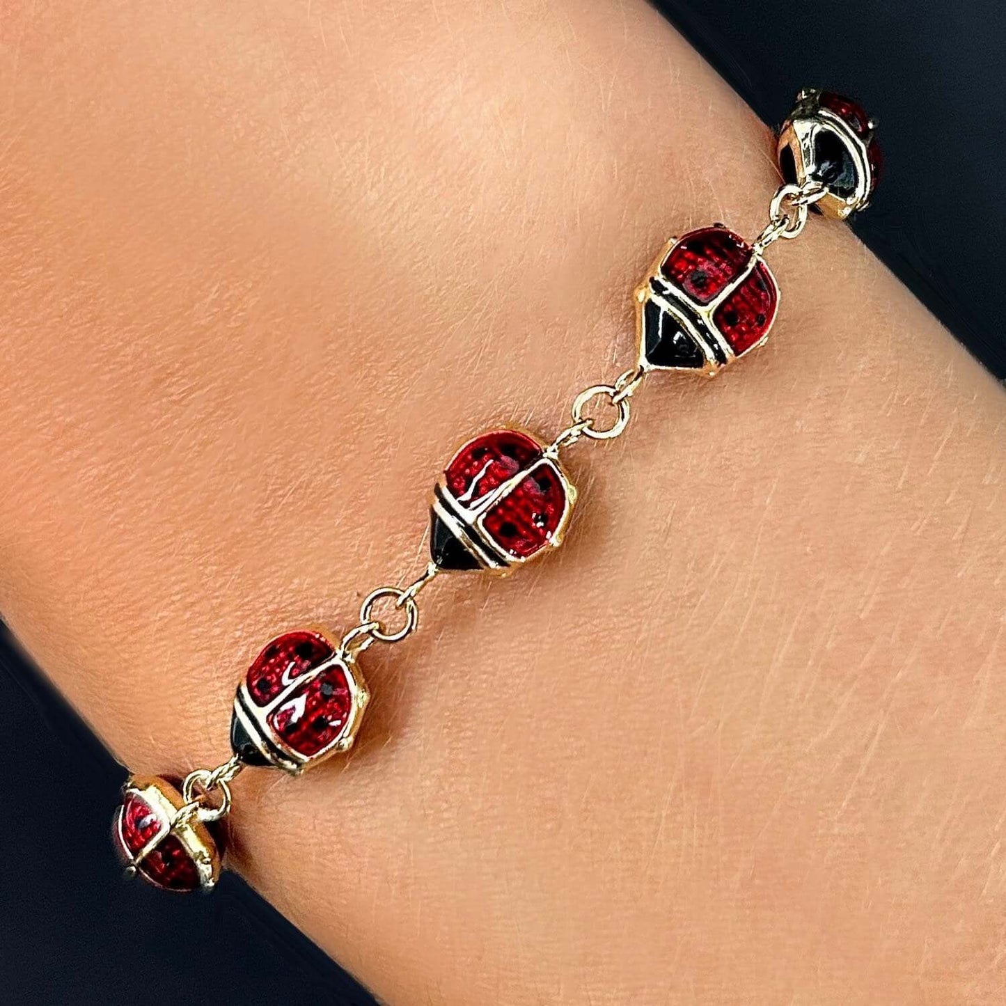 14K Real Gold Yellow Red Black Enamel Ladybug Bracelet 7.5"