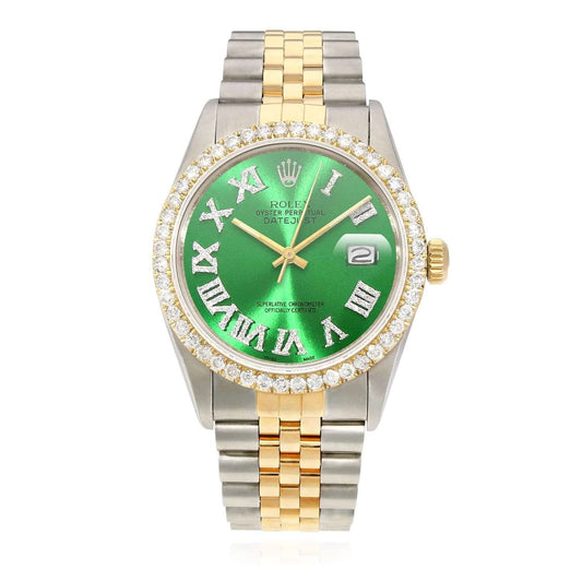 Rolex Datejust Jubilee 4.5Ct Natural Diamond Bezel Green Emerald Dial 36mm Watch