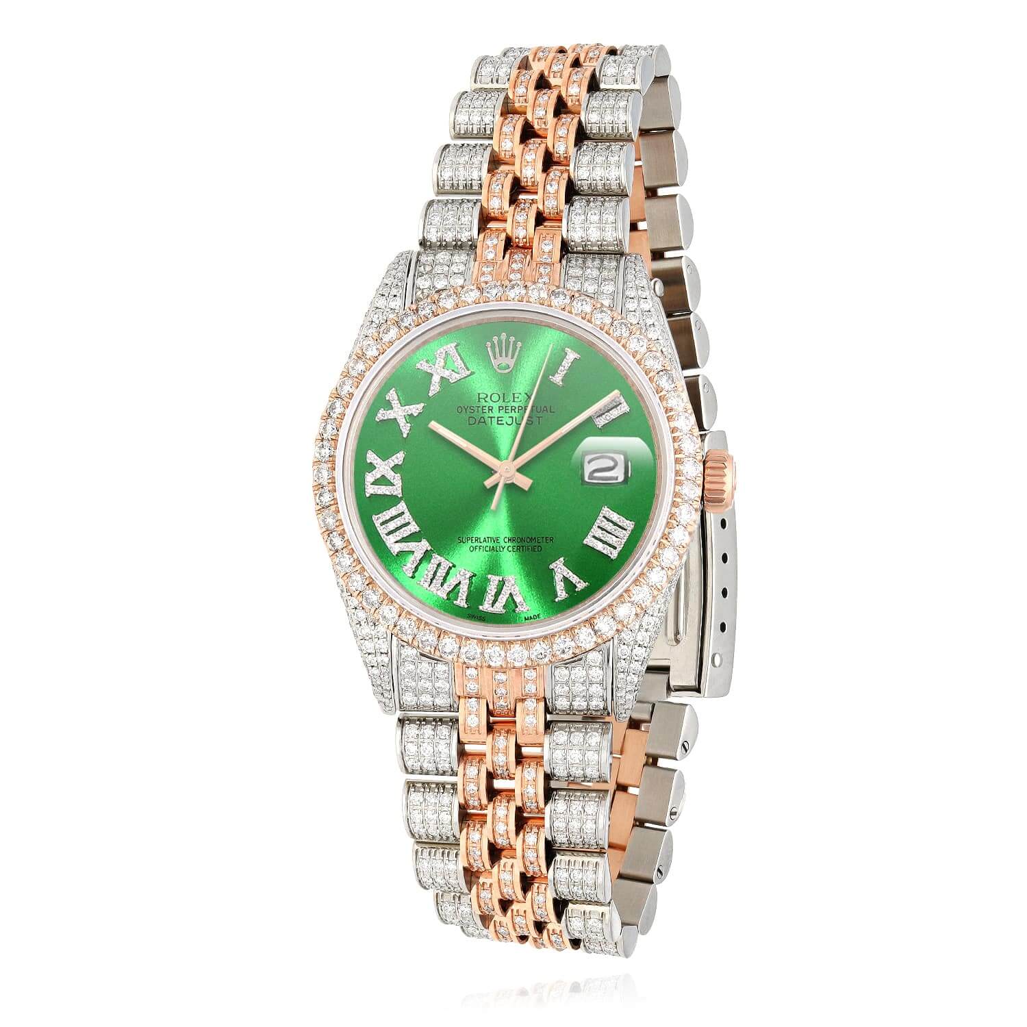 Diamond Bezel Datejust Green Roman Numerals Rolex Datejust 12CTW