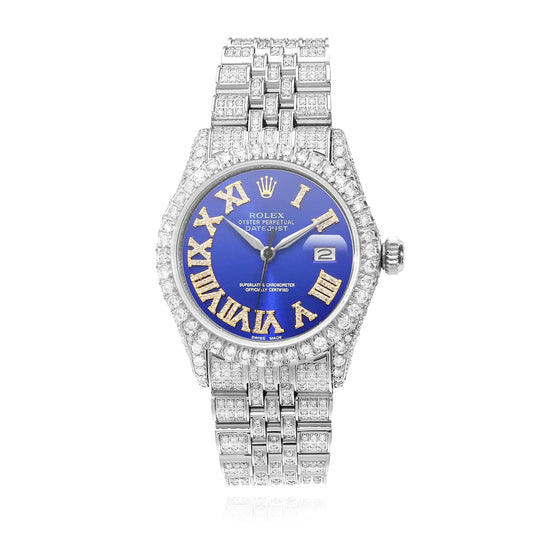 Rolex Datejust Natural Diamond Pave Jubilee Band Bezel Blue Dial 36mm Watch