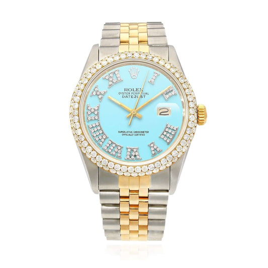 Rolex Datejust Jubilee Band Custom Diamond Bezel Turquoise Dial 36mm Watch