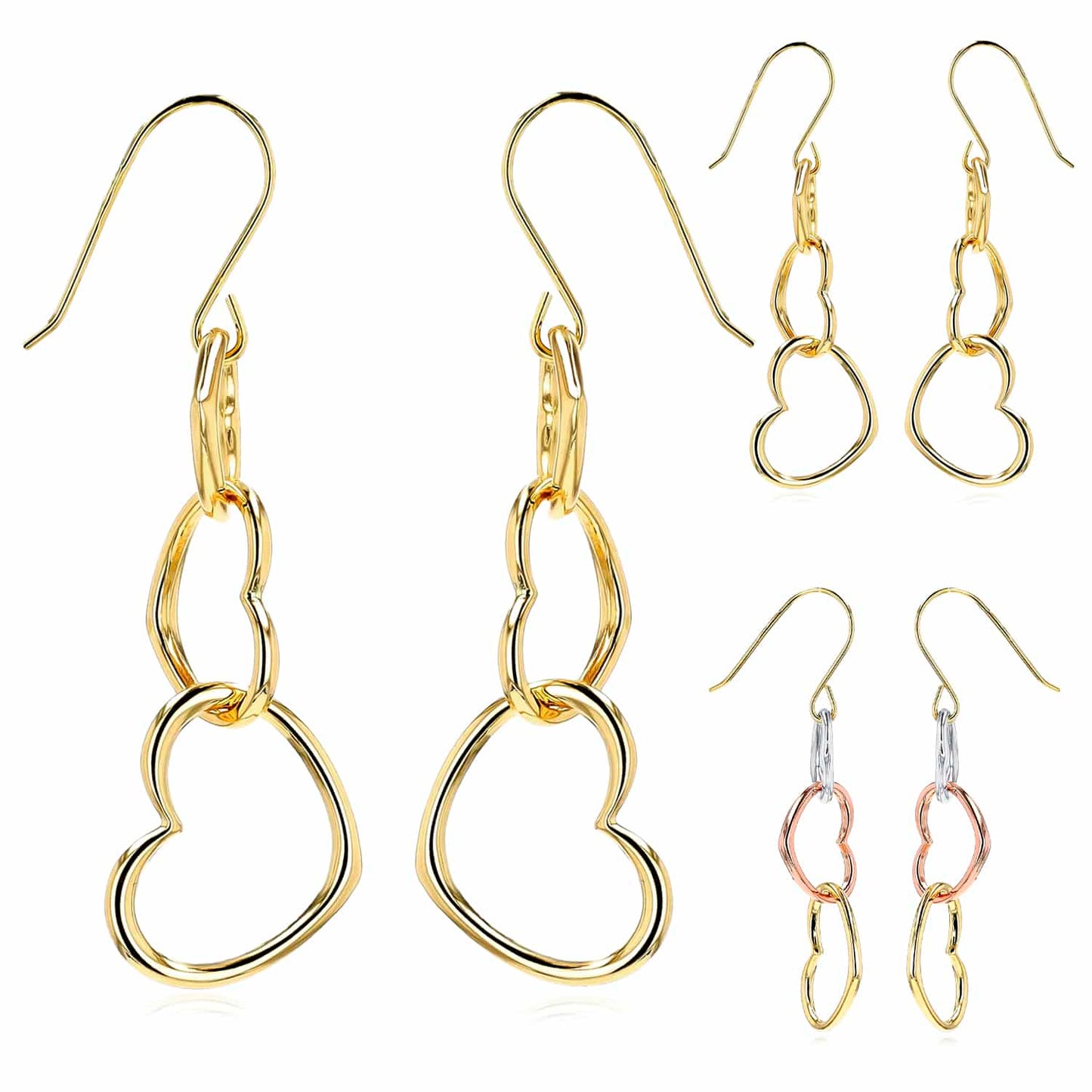 14K Real Gold & Tri-Color White Rose Triple Heart Earrings 45mm