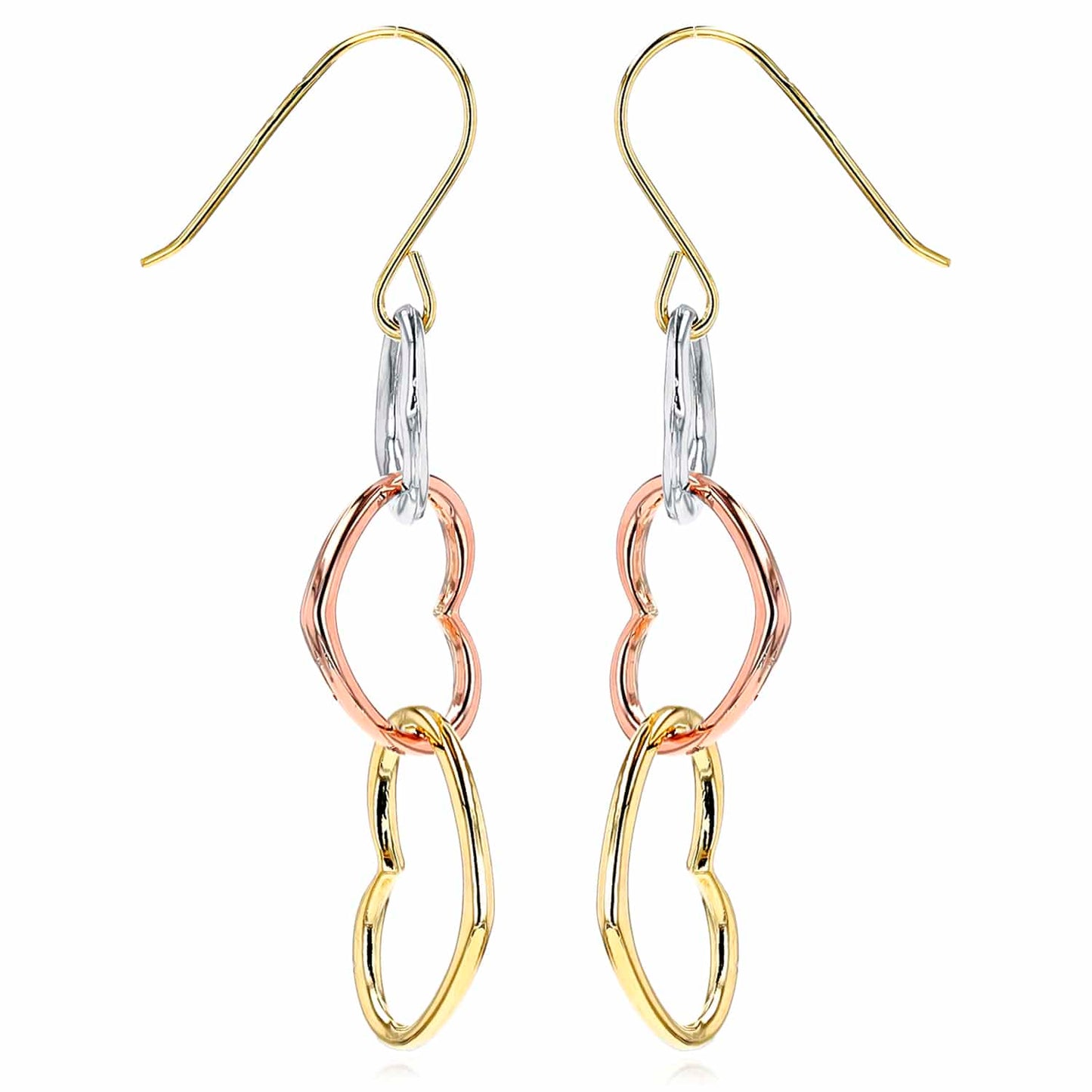 14K Real Gold & Tri-Color White Rose Triple Heart Earrings 45mm